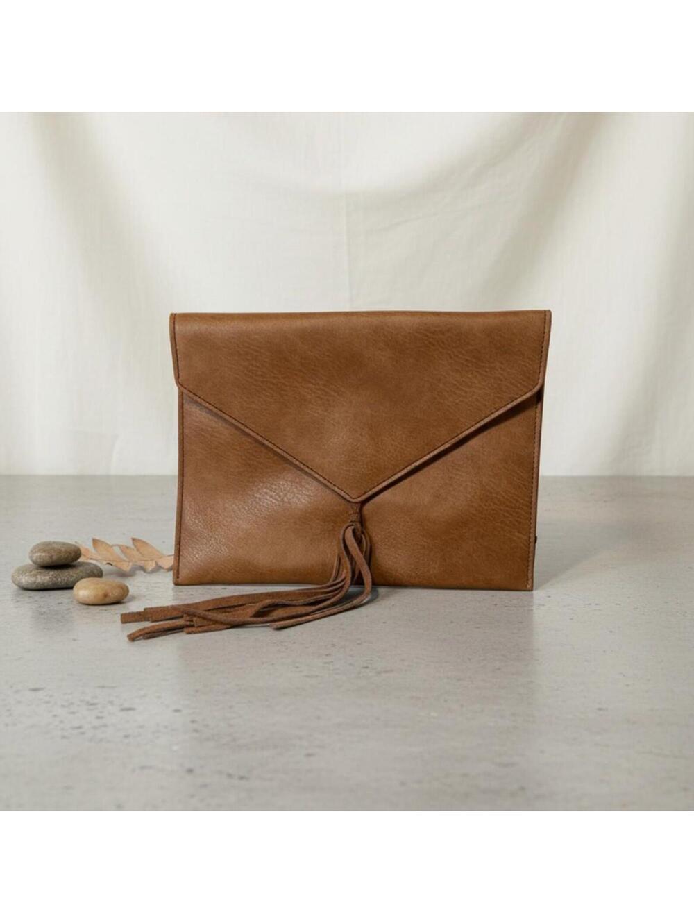 Brown Faux Leather Envelope Clutch With Magnet Closure and Tassel